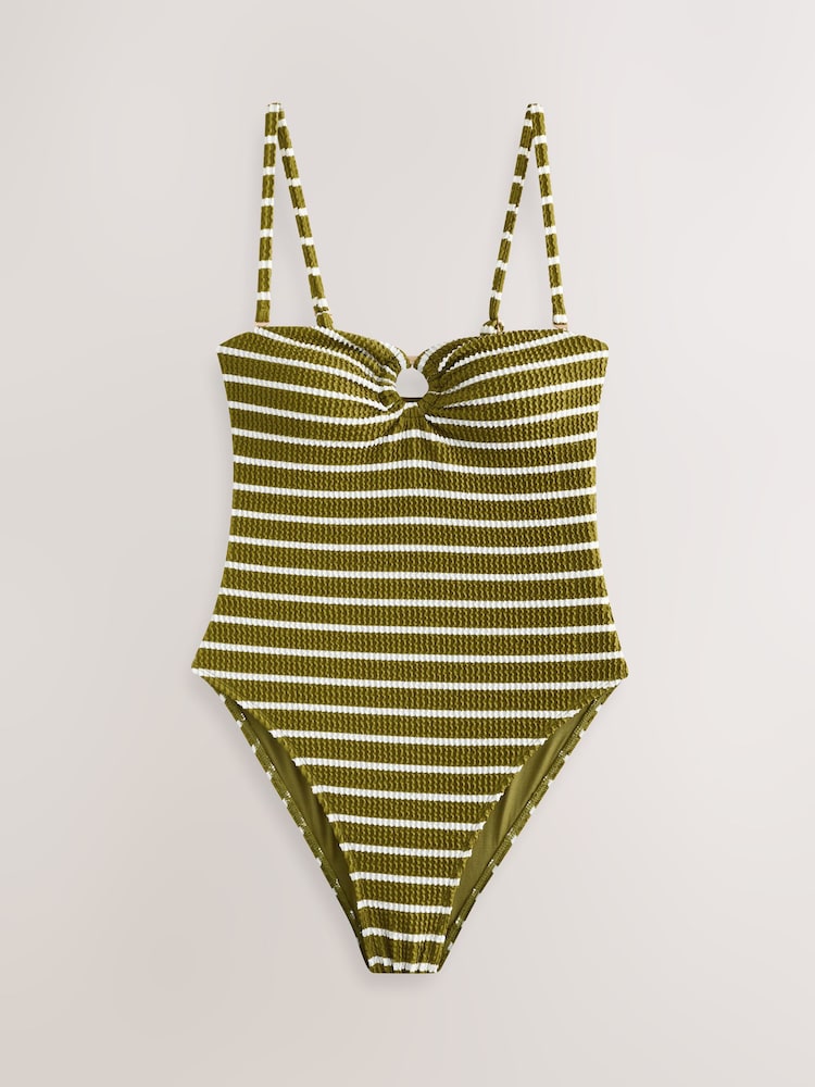 Olive Green/White Stripe Crinkle Bandeau Tummy Control Swimsuit - Image 1 of 4
