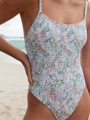White Ditsy Shirred Scoop Tummy Control Swimsuit - Image 3 of 7