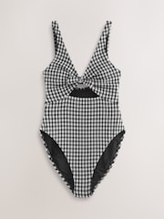 Black/White Crinkle Gingham Cutout Plunge Tummy Control Swimsuit - Image 7 of 10