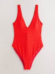 Red Shell Jacquard Plunge Tummy Control Swimsuit - Image 7 of 10