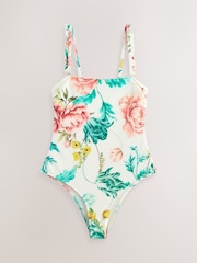 Cream/Pink Floral Print Seersucker Frill Strap Bandeau Tummy Control Swimsuit - Image 6 of 9