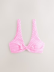 Pink/White Crinkle Gingham Knot Front Crop Bikini Top - Image 1 of 4