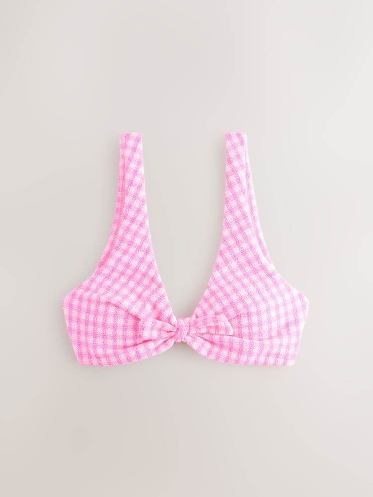 Pink/White Crinkle Gingham Knot Front Crop Bikini Top - Image 1 of 4