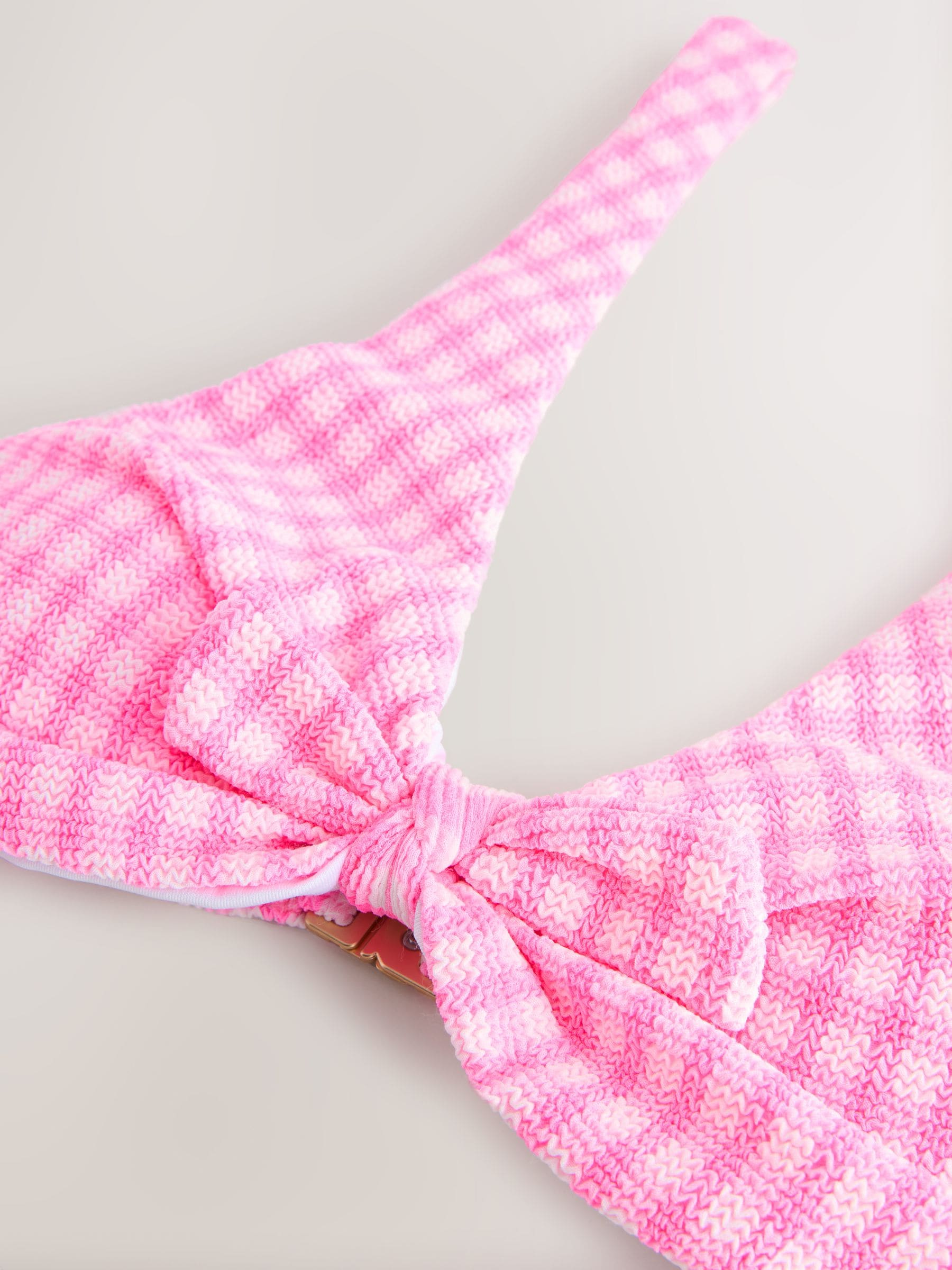 Buy Pink/White Crinkle Gingham Knot Front Crop Bikini Top from