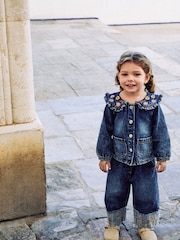 Denim Floral Embroidered Wide Leg Jeans And Jacket Set (3mths-7yrs) - Image 1 of 3