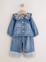 Denim Floral Embroidered Wide Leg Jeans And Jacket Set (3mths-7yrs) - Image 4 of 9