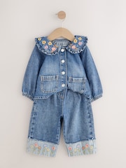 Denim Floral Embroidered Wide Leg Jeans And Jacket Set (3mths-7yrs) - Image 5 of 9