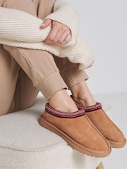 Simply Be Brown Embroidery Full Mule Winter Slippers In Extra Wide Fit - Image 1 of 1