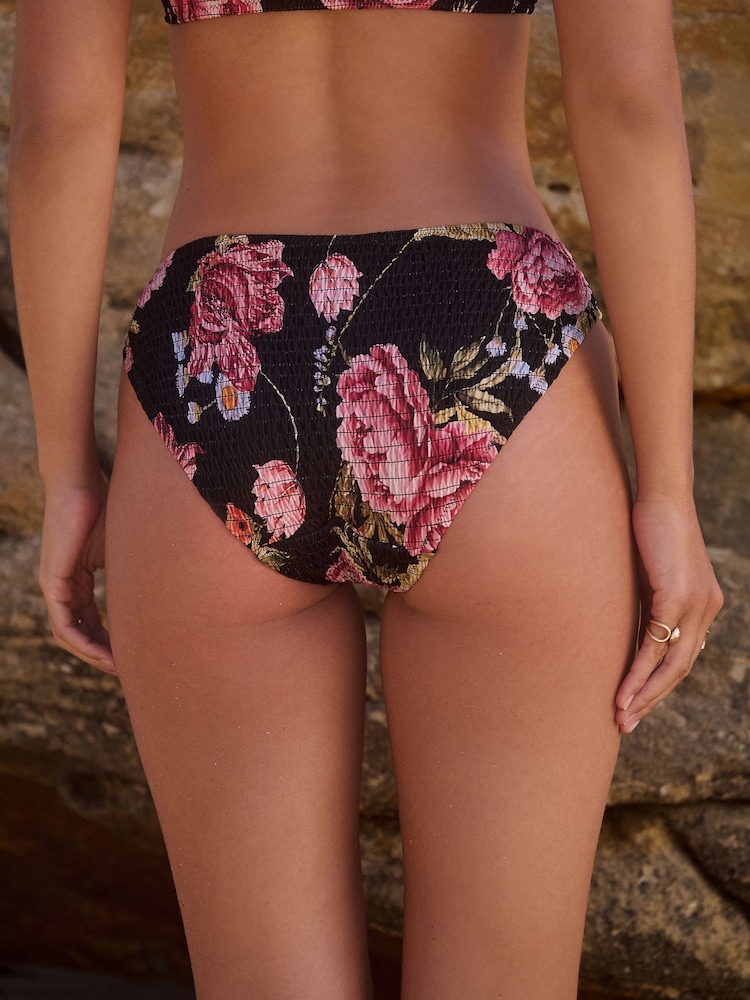 Black Floral Shirred Brazilian High Leg Bikini Bottoms - Image 2 of 7