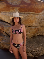 Black Floral Shirred Brazilian High Leg Bikini Bottoms - Image 3 of 7