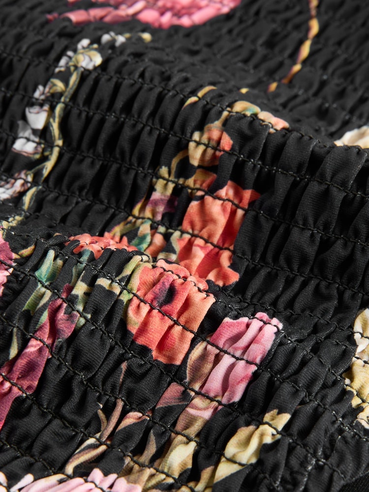 Black Floral Shirred Brazilian High Leg Bikini Bottoms - Image 7 of 7