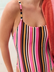 Pink/Navy Textured Stripe Tummy Control High Leg Scoop Swimsuit - Image 6 of 9