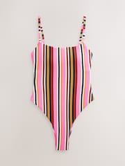 Pink/Navy Textured Stripe Tummy Control High Leg Scoop Swimsuit - Image 7 of 9