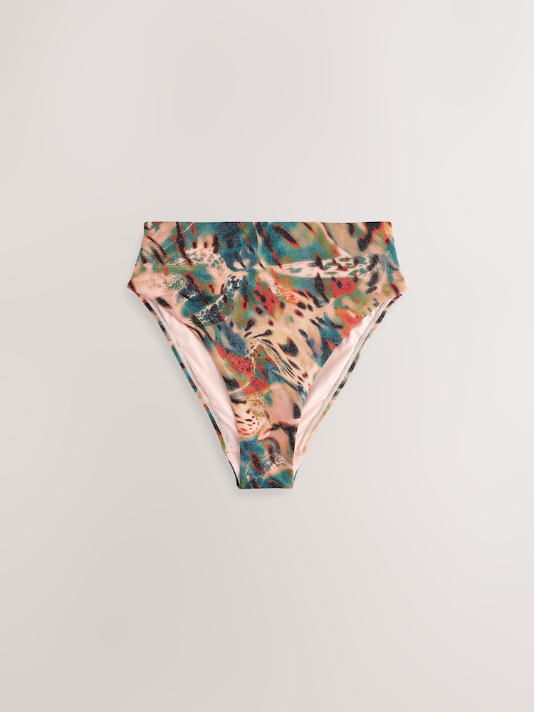 Teal/Pink Metallic Animal High Waist High Leg Tummy Control Bikini Bottoms - Image 1 of 3