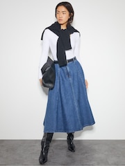Monsoon Blue Sara Denim A-Line Midi 100% Cotton Skirt - Image 1 of 4