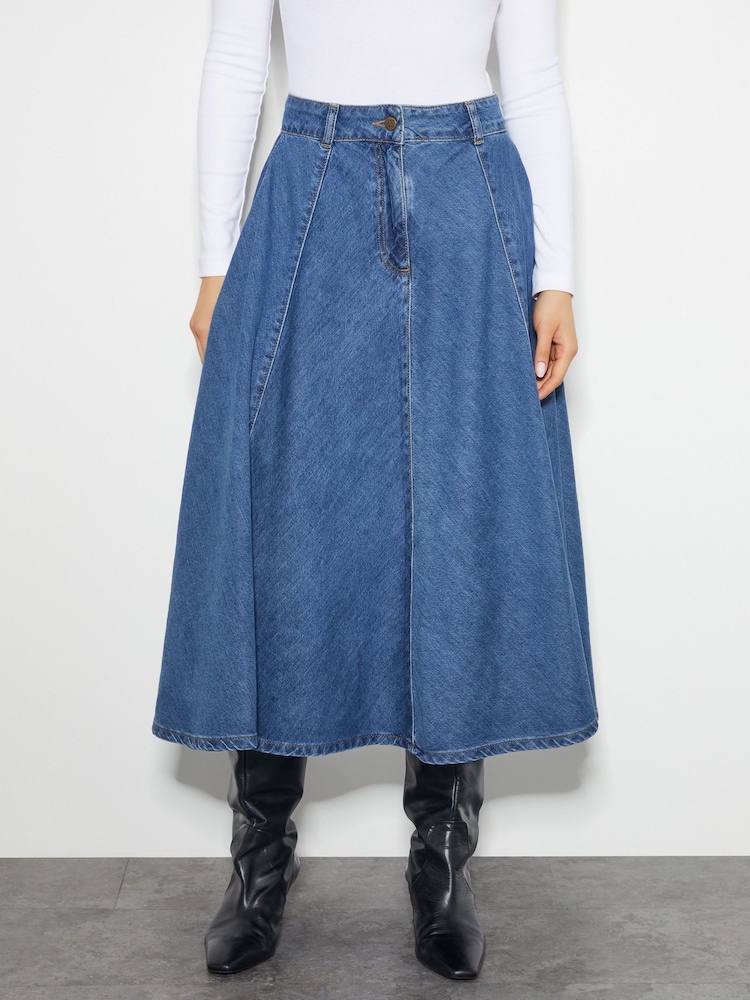 Monsoon Blue Sara Denim A-Line Midi 100% Cotton Skirt - Image 2 of 4