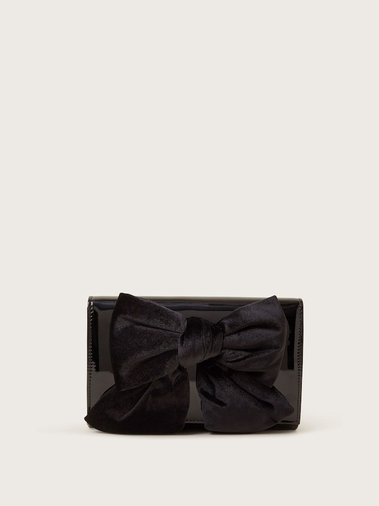 Monsoon Black Paige Velvet Bow Patent Clutch Bag - Image 1 of 4