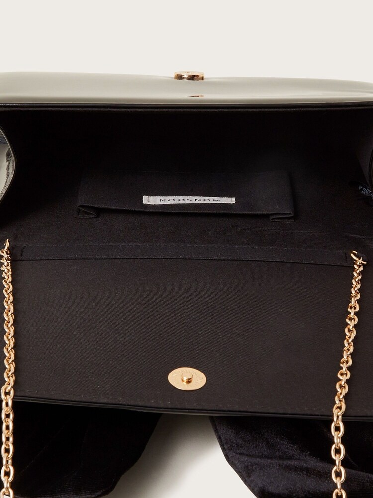 Monsoon Black Paige Velvet Bow Patent Clutch Bag - Image 4 of 4
