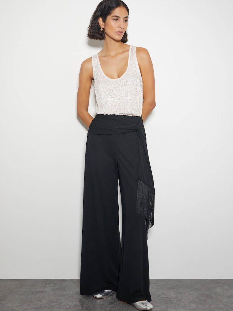 Monsoon Black Tanya Tassel Wide Leg Trousers - Image 1 of 4