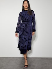 Monsoon Blue Eva Floral Print Velvet Midi Dress - Image 1 of 4