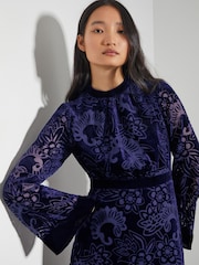 Monsoon Blue Eva Floral Print Velvet Midi Dress - Image 2 of 4