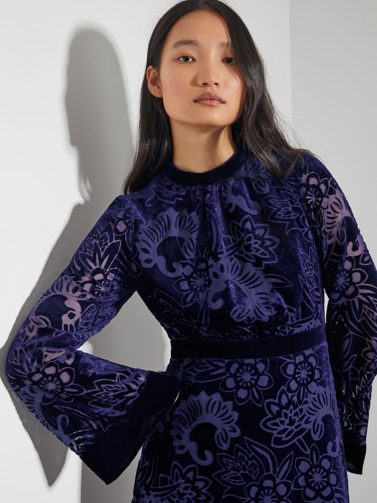 Monsoon Blue Eva Floral Print Velvet Midi Dress - Image 2 of 4