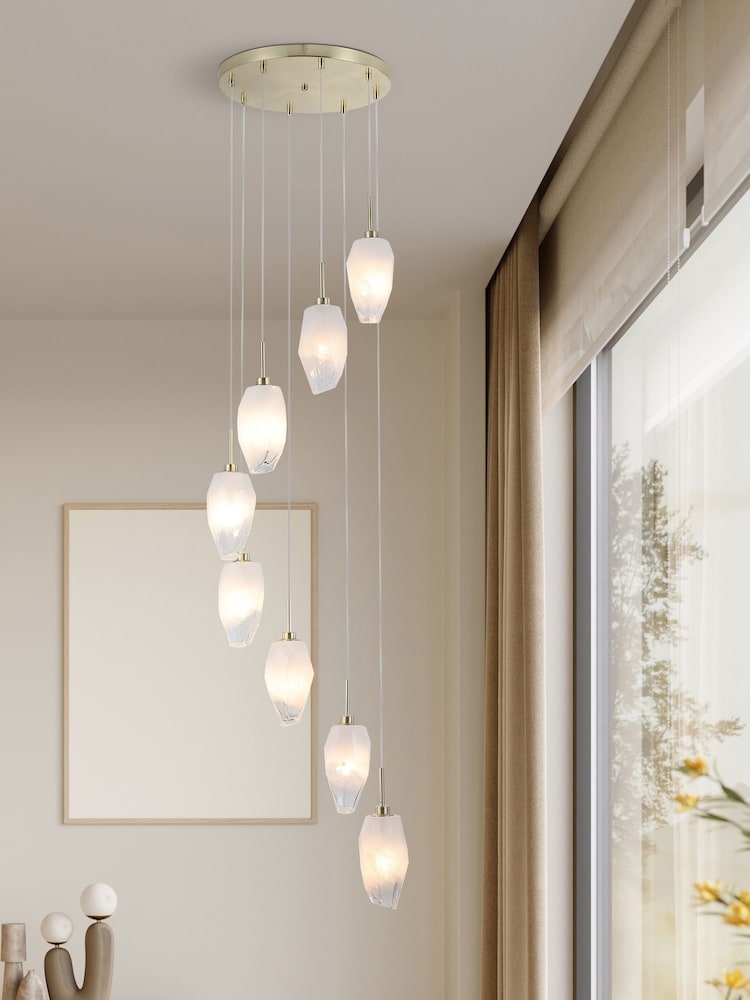 Searchlight Brass and White Ice 8 Light Multi Drop Pendant Ceiling Light - Image 1 of 4