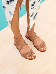 Manebi Tan Brown Leather Ankle Strap Sandals - Image 3 of 4