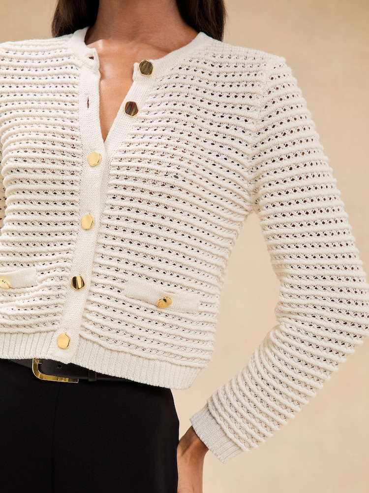 Lipsy Cream Buttoned Crew Neck Knit Cardigan - Image 1 of 4