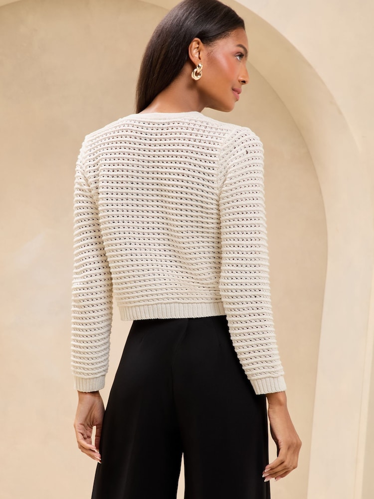 Lipsy Cream Buttoned Crew Neck Knit Cardigan - Image 4 of 4