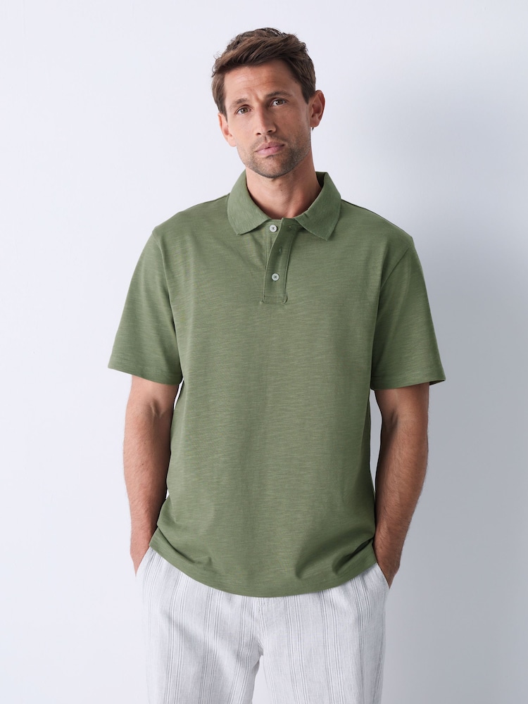Green 100% Cotton Short Sleeve Slub Polo Shirt - Image 1 of 8 Green 100% Cotton Short Sleeve Slub Polo Shirt - Image 1 of 8