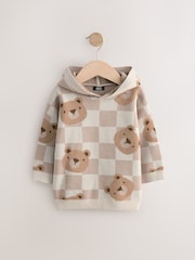 Neutral Checkerboard Bear Knitted Hoodie (3mths-7yrs) - Image 1 of 4