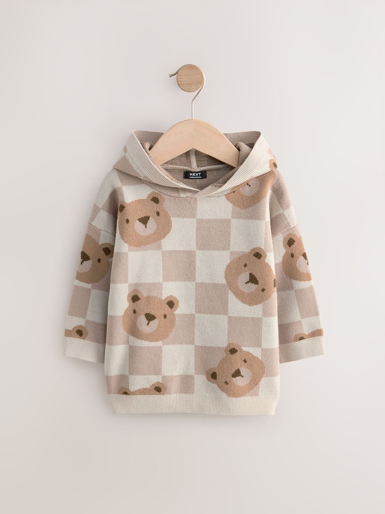 Neutral Checkerboard Bear Knitted Hoodie (3mths-7yrs) - Image 1 of 4