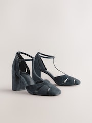 Navy Forever Comfort® Leather Round Toe Cut Out T-Bar Block Heel Shoes - Image 1 of 5