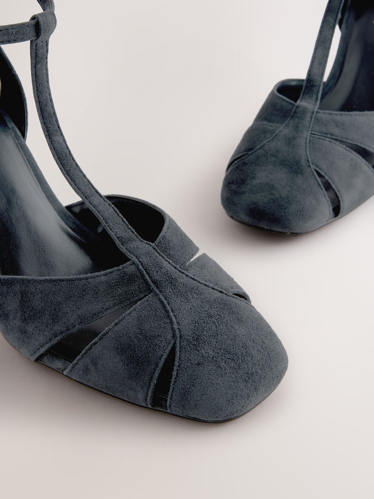 Navy Forever Comfort® Leather Round Toe Cut Out T-Bar Block Heel Shoes - Image 3 of 5