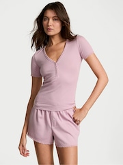 Victoria's Secret Violet Pearl Purple Pointelle Henley Short Sleeve Pyjama Set - Image 1 of 2