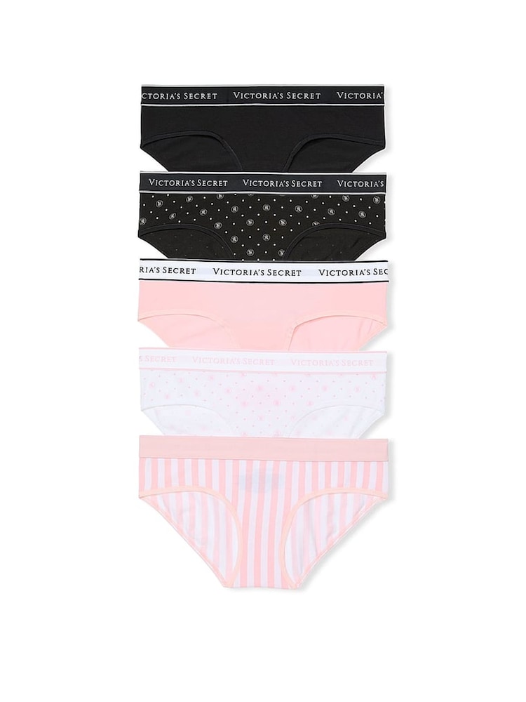 Victoria's Secret Black/Pink/White Hipster Logo 5 Pack Knickers - Image 1 of 4 Victoria's Secret Black/Pink/White Hipster Logo 5 Pack Knickers - Image 1 of 4