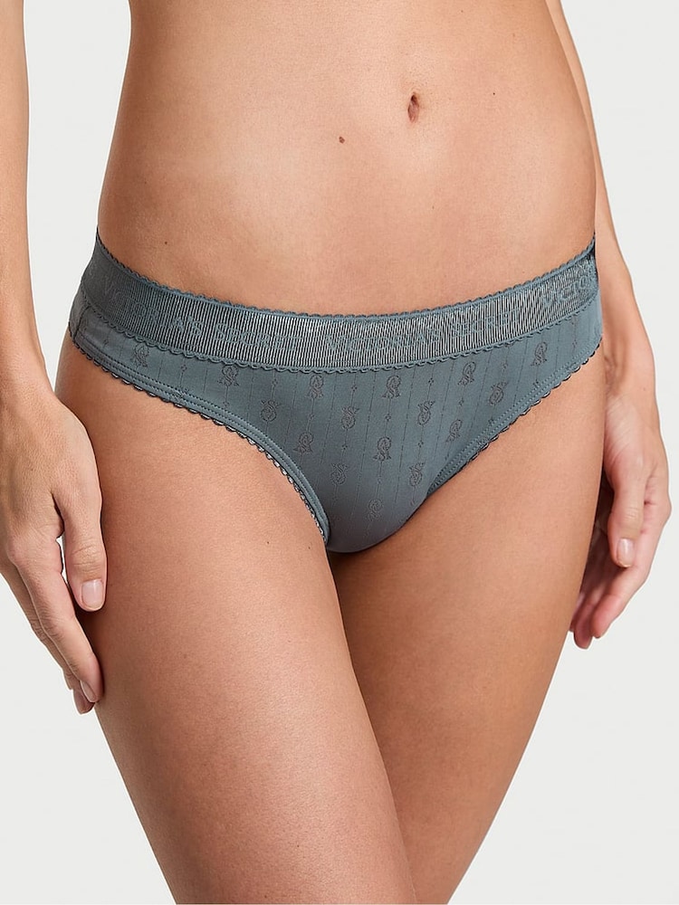 Victoria's Secret Dark Steel Grey Thong Logo Pointelle Knickers - Image 1 of 3