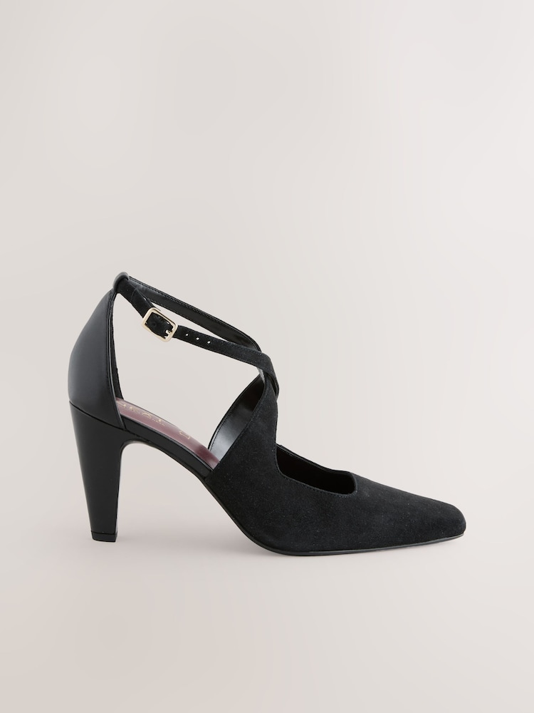 Black Leather Suede Forever Comfort® Cross-Over Point Toe Court Heels - Image 1 of 5
