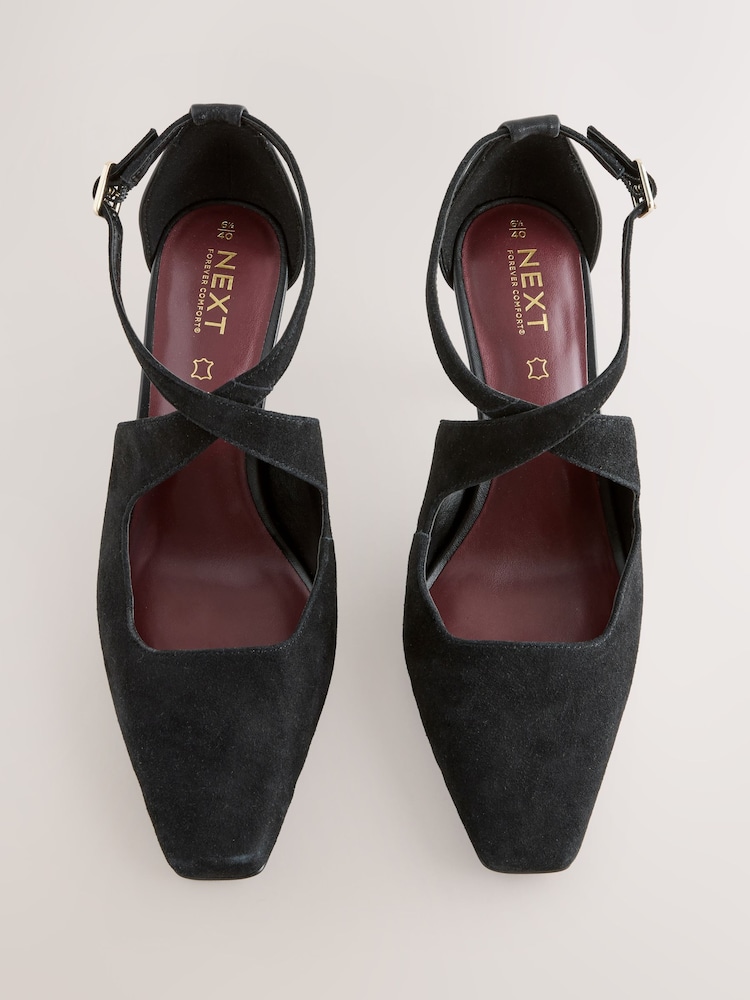 Black Leather Suede Forever Comfort® Cross-Over Point Toe Court Heels - Image 2 of 5