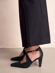 Black Leather Suede Cross-Over Point Toe Court Heels - Image 6 of 11