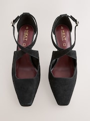 Black Leather Suede Cross-Over Point Toe Court Heels - Image 8 of 11