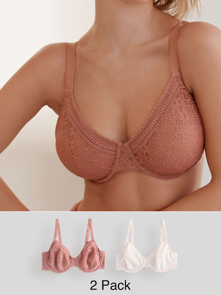 Rose/White DD+ Lace Non Pad Full Cup Minimiser Bras 2 Pack - Image 1 of 12 Rose/White DD+ Lace Non Pad Full Cup Minimiser Bras 2 Pack - Image 1 of 12