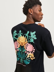 JACK & JONES Black 100% Cotton Japanese Floral Inspired Back Print T-Shirt - Image 1 of 8