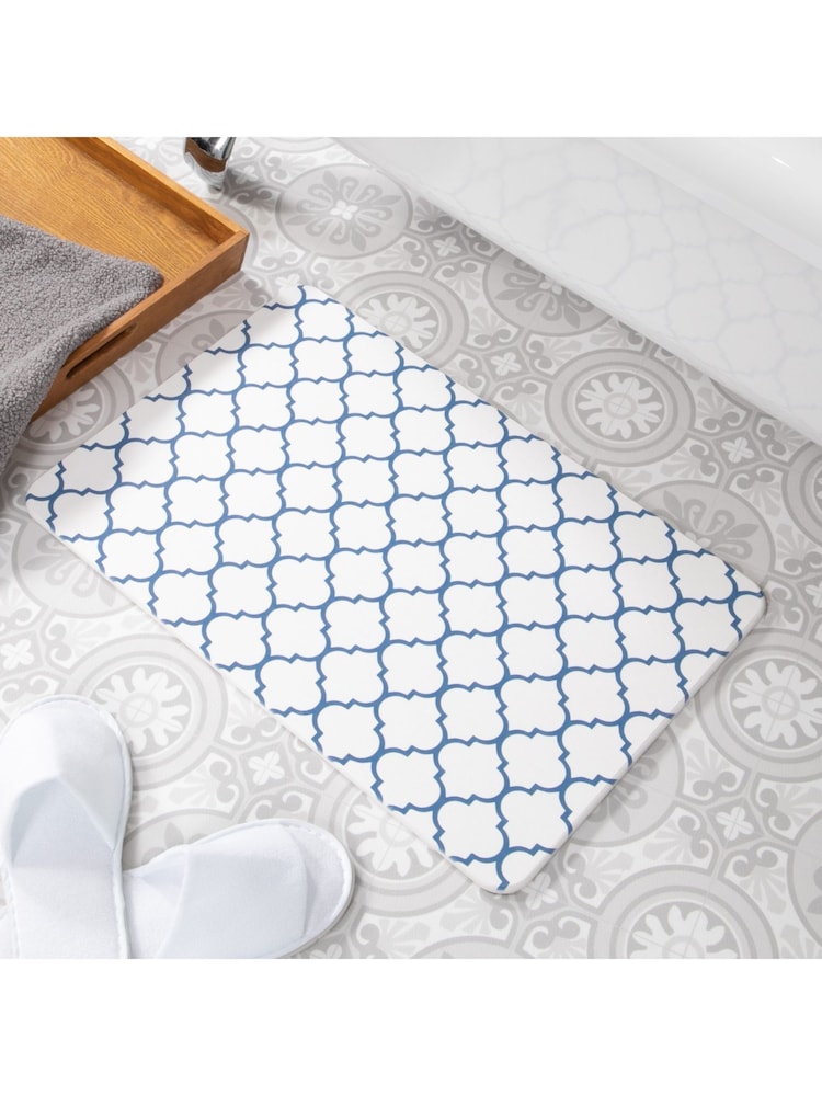 Artsy Mats Blue Trellis White Stone Non Slip Bath Mat - Image 1 of 5