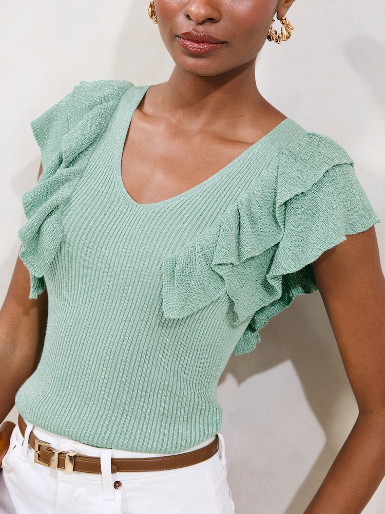 Lipsy Ruffle V-Neck Sparkle Knit Vest Top - Imagen 2 de 4