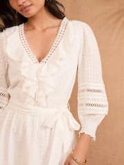 Love & Roses Ivory Petite Print Boho Ruffle Lace Trim 3/4 Sleeve 100% Cotton Mini Dress - Image 2 of 4