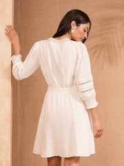 Love & Roses Ivory Print Boho Ruffle Lace Trim 3/4 Sleeve 100% Cotton Mini Dress - Image 3 of 4