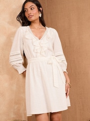 Love & Roses Ivory Print Boho Ruffle Lace Trim 3/4 Sleeve 100% Cotton Mini Dress - Image 4 of 4