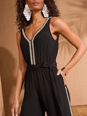 Love & Roses Black Sequin Trim V-Neck Belted Jumpsuit - Image 2 of 4